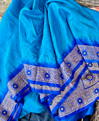 Turquoise Blue Banarasi Silk Saree Royal Border Gold Zari Brocade Indian Sari - Picture 3 of 13