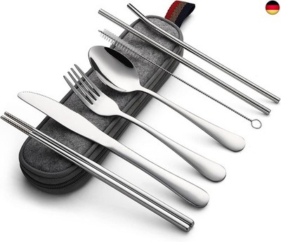Portable Camping Cutlery - 8-Piece Stainless Steel Travel Cutlery with Knife, Fo