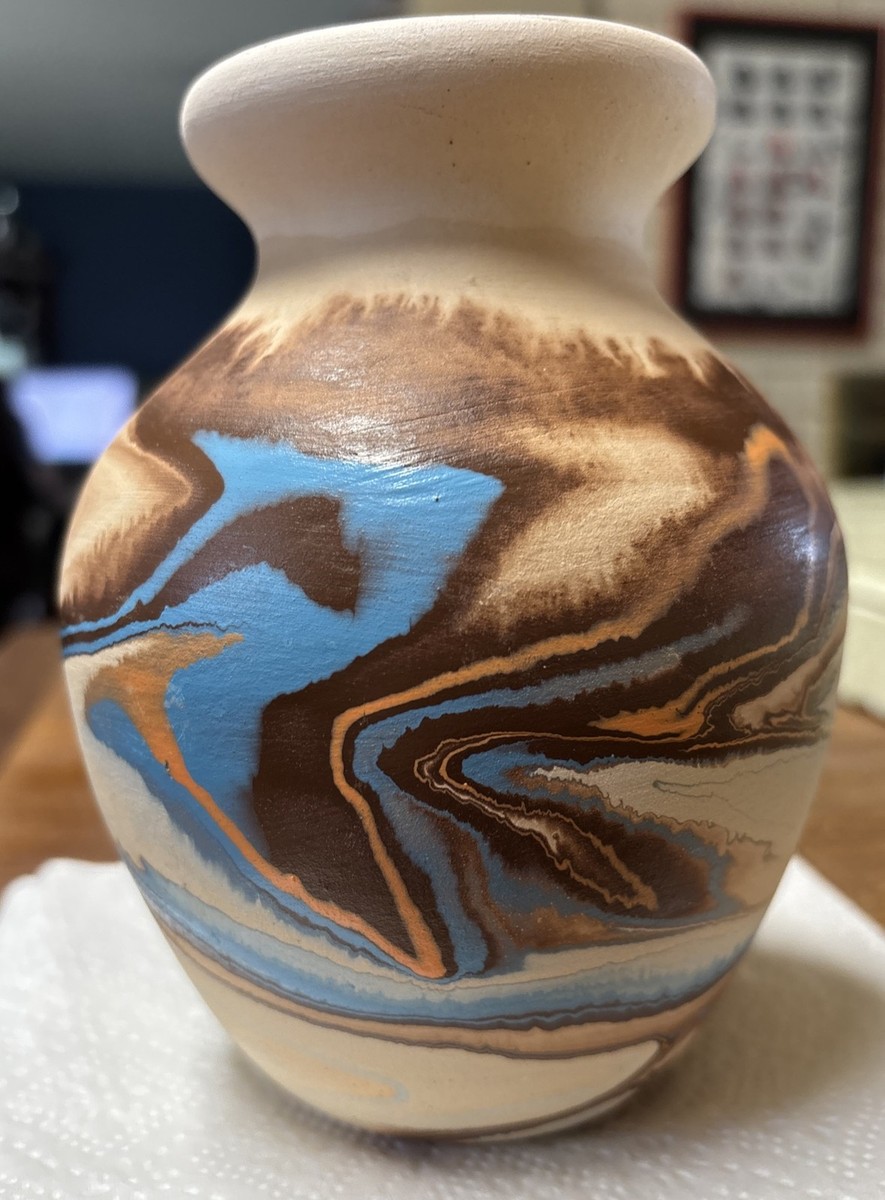 Vintage Nemadji Indian River Pottery Vase Brown Blue and