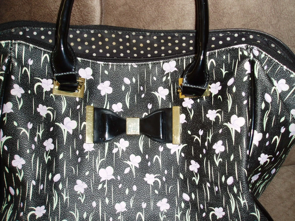 LULU GUINNESS Handbag Purse Black w/ Purple Floral Gold Hardware $0 S/H! - Image 3 of 4