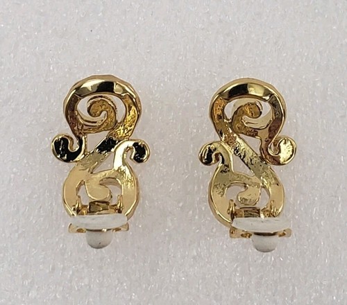 Vintage NINA RICCI Ohrclips Wirbel Schnörkelarbeit gehämmert goldfarben - Bild 7 von 9