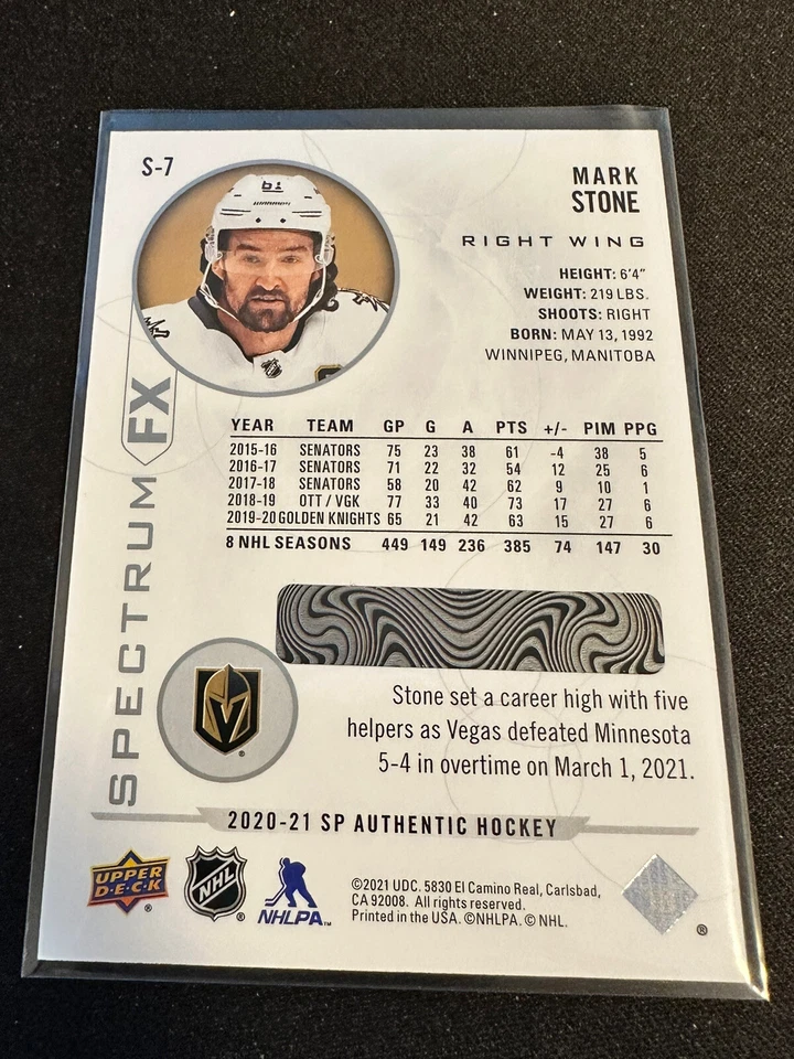 2020-21 SP Authentic Spectrum FX Mark Stone Vegas Golden Knights #S-7 - Image 2 of 2