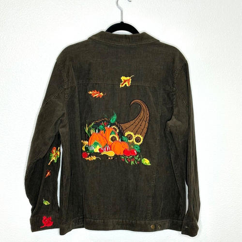 Quacker Factory Corduroy Trucker Jacket Size L Brown Fall Leaves Thanksgiving - Picture 2 of 9