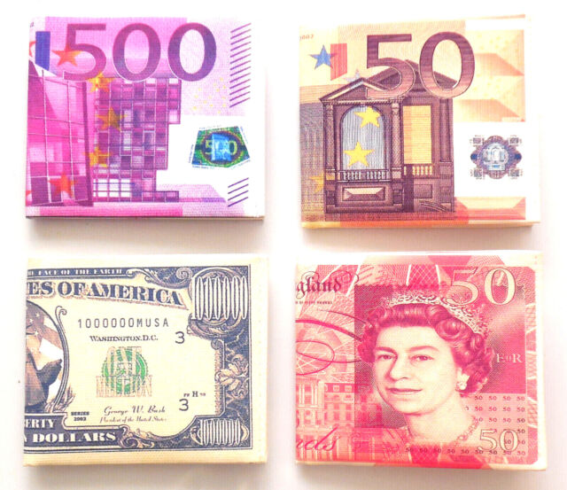 NOVELTY PRINTED MONEY currency wallet Pound Euro Dollar cash notes UK USA EU YEN
