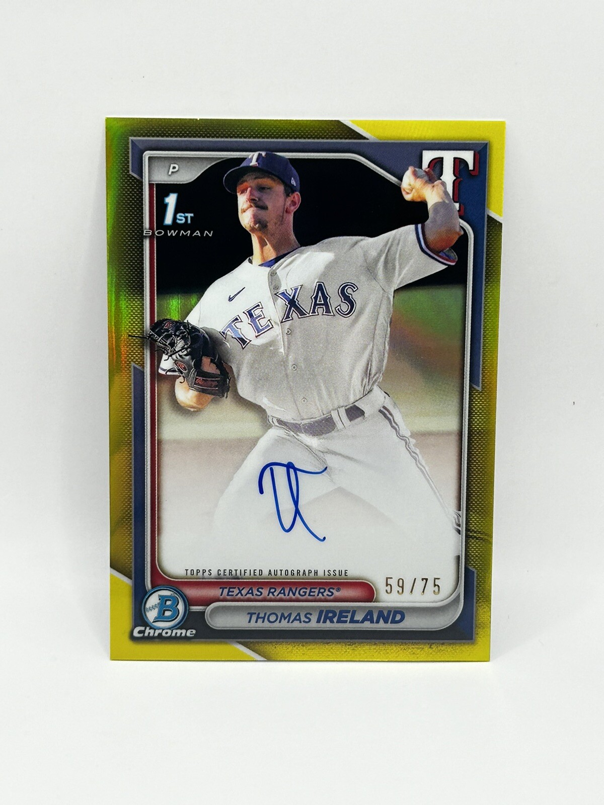 2024 Bowman Chrome Thomas Ireland 1st Yellow Refractor Auto /75 Texas Rangers