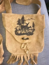 Muzzleloading black powder  Fringed engraved Bag Handcrafted Brown Suede Leather