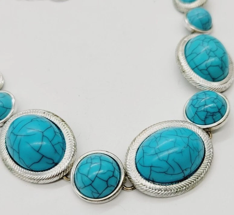 Trifari Necklace Faux Turquoise Silver Tone 19 in - Image 3 of 4