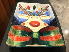 Clay Art of South San Francisco 2003 Hand-Painted Reindeer Chip and Dip Platter