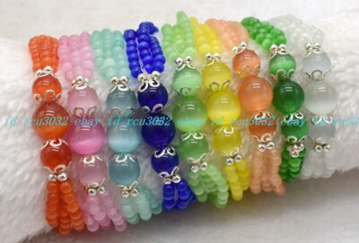 3 Rows 4mm Natural multicolor Opal Cat's Eye Round Gems Beads Bracelet 7.5'' AAA+