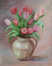 Tulips original oil painting Still life wall art Floral handmade artwork 9x12´´