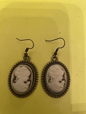 Retro Victorian Cameo Oval Cabochon Bronze French Wire Dangle Earrings