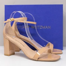 Stuart Weitzman Nudistcurve 75 Nude Patent Leather Block Heels, Size 11 B