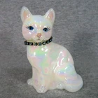 Fenton Art Glass White Opal Iridescent Cat Kitten Figurine Signed Rhinestone
