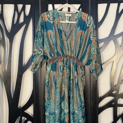 Powell Craft Aspen Women's Maxi Dress Turquoise Paisley Viscose Fabric Batwing S
