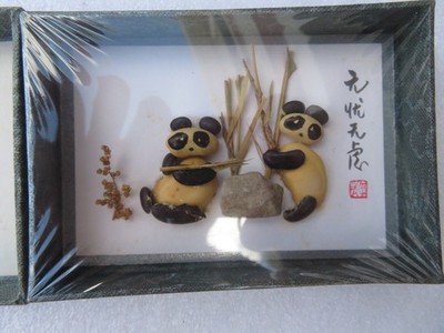 Vintage Chinese Yang Jing Handmade Bean Sculpture of 2 Pandas with Original box