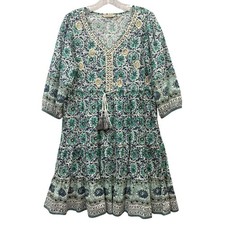 Soft Surroundings Nerissa Boho Peasant Dress Tassel Tie Medallion Print Midi S