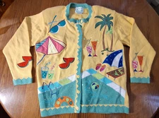 Quacker Factory Cardigan Sweater Women Small Yellow Cocktail Palm Trees EUC Fun!