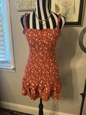 Guess Red Floral Smocked Dress Med