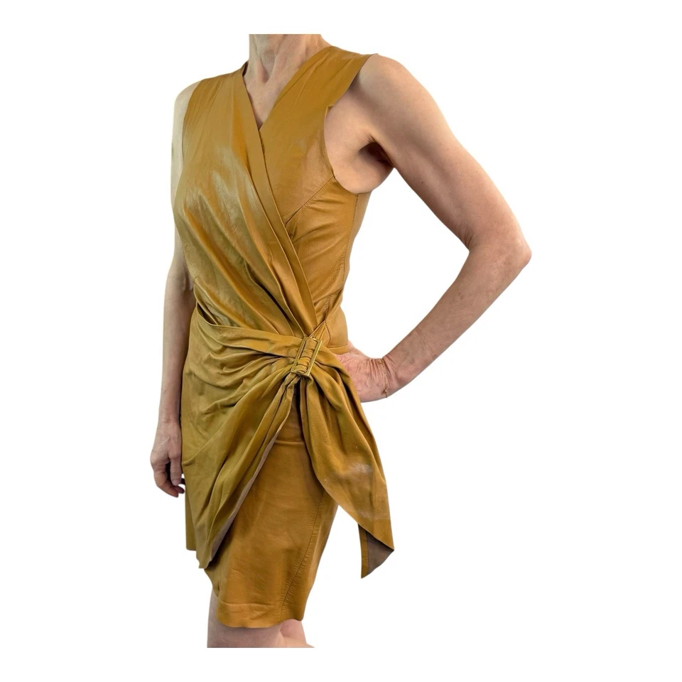 Kirrily Johnston Size 8 Aus 4 US Mustard Brown Leather Mini Wrap Dress Vintage - image 4 of 4