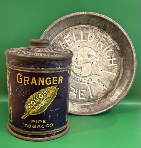 TWO VINTAGE TIN ITEMS:  Granger Tobacco Tin Can & Mrs Smith Mello Rich Pie Tin