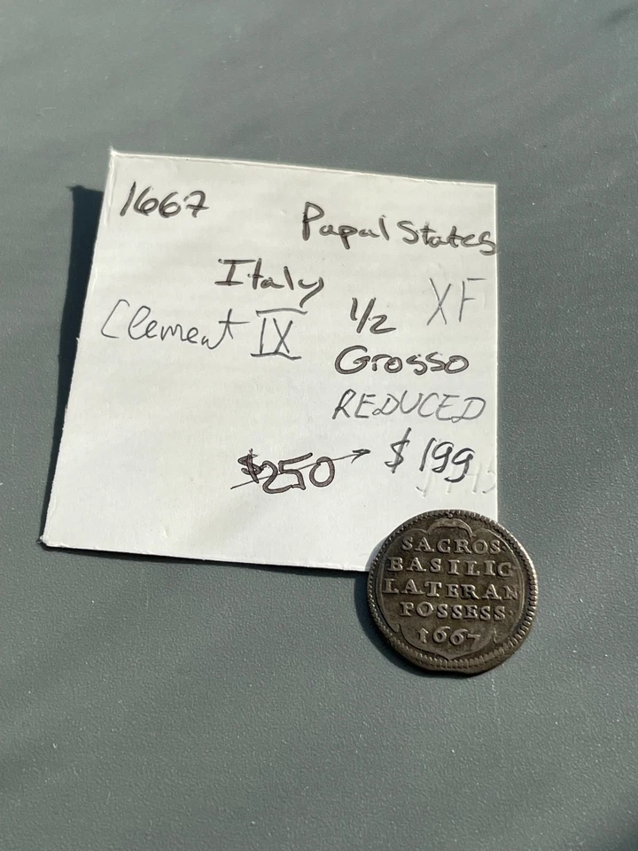 Italia Estados Pontificios Papa Clemente IX 1667 Plata 1/2 Grosso Roma Fuerte EF Foto 3 de 4