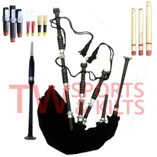 Scottish Highland Rosewood Bagpipe Fitted With Silver Mount Black Cover Bag