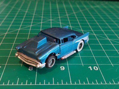 Tyco '57 Chevy Tilt Hood Blue with Silver Curvehugger #8542 Slot Car Broken Roof
