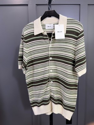 NWT NN.07 Nolan Polo Cardigan 6686 Green Stripe Organic Cotton Men's MSRP $240