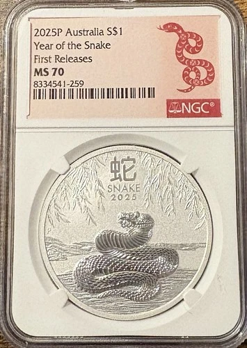 2025 P Australia .9999 Silver Lunar Year of the Snake NGC MS70 1oz $1 Coin FR