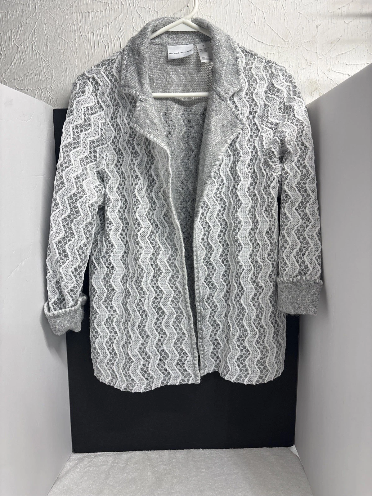 Alfred Dunner Women's Jacket Coat Open Front Side Pockets White Gray Size 10