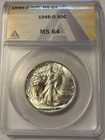 1946-D Silver Walking Liberty Half Dollar Graded ANACS MS64 Gem Lustrous