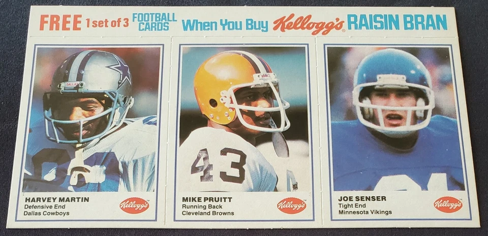 Tarjeta de la NFL de Kellogg's 1982 Harvey Martin Cowboys Greg Pruitt Joe Senser sin cortar Foto 3 de 4