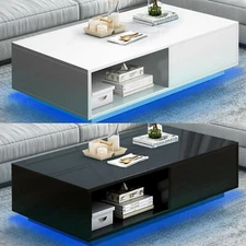 Modern High Gloss White/Black Coffee Table 16 Colors LED Light w/ Shelf, Drawer
