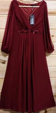 NWT Ever Pretty Burgundy Chiffon Floor Length Gown w/Sheer Lantern Sleeves  #E