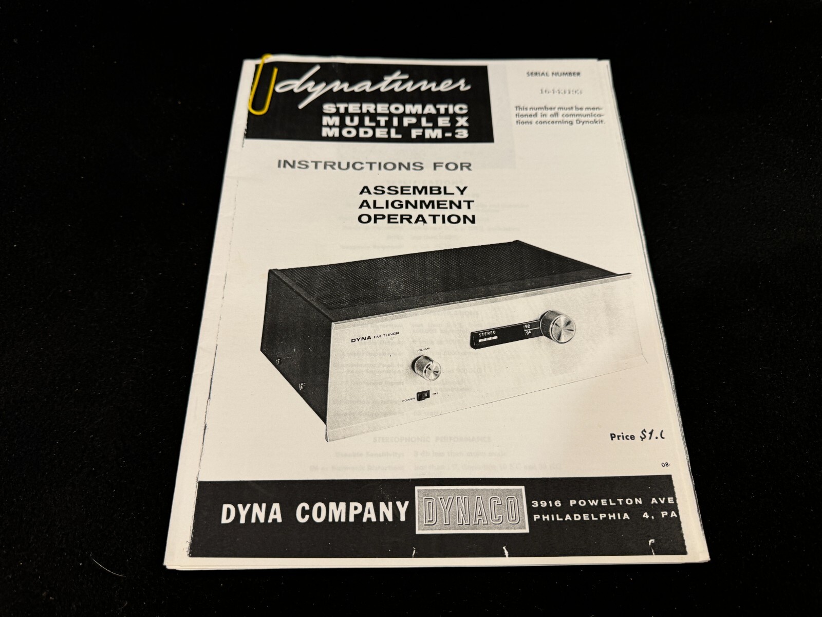 Dynaco Dynatuner Multiplex Model FM-3 Tube Tuner Assembly Manual ~COPY~