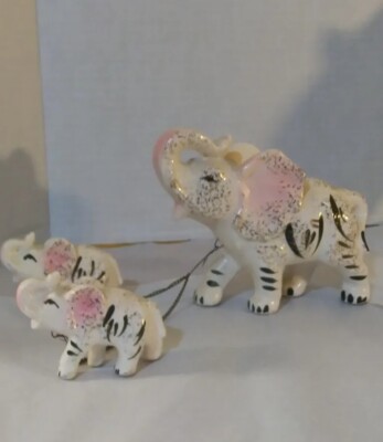  Midcentery 1960s Chained Elephant Family  Mom&Baby's Trunks Up For Good Luck 