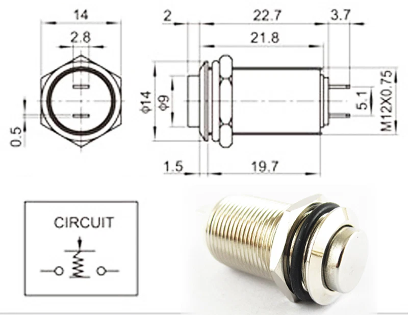 Interruptor momentáneo impermeable de botón plano de alto ras de metal 100 unidades 12 mm QN12-D2 Foto 2 de 4