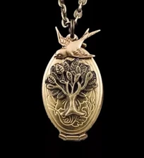 Vintage Folding Locket Necklace Tree of Life Swallow Bird Charm Antique Brass