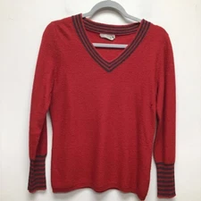 Smartwool Womens Pullover Sweater Red Black Marled Stripe Long Sleeve V Neck M