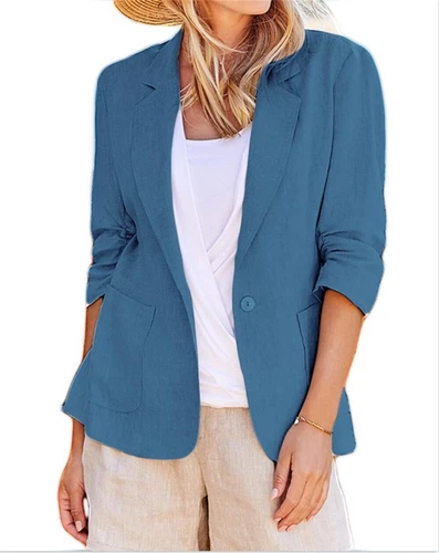 Mujeres Blazer de Algodón Manga 3/4 Acanalado Forrado Traje Informal Elegante Chaqueta de Trabajo Asiática - Imagen 2 de 33