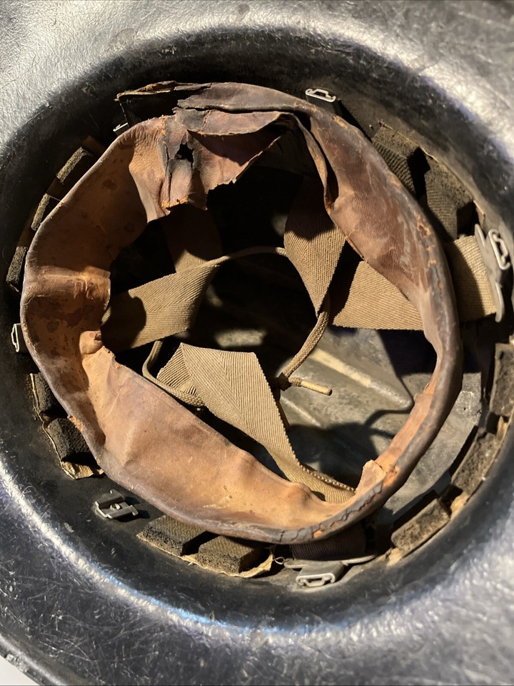 Vintage Black Hard Boiled Fiberglass Firefighter Hard Hat & Leather