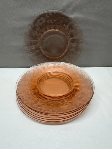Pink Etched Depression Jeanette Glass Plates  Floral And Leaves 8" Set Of 6