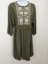 Knox Rose Olive Green White Embroidered Floral Bird Peasant Boho Dress Size XXL
