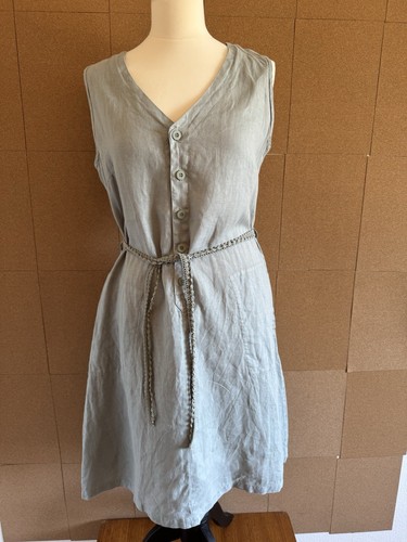 Linen Dress Size 10 Duck Egg Blue V Neck Nile Switzerland Designer Belt Crochet - Picture 17 of 18
