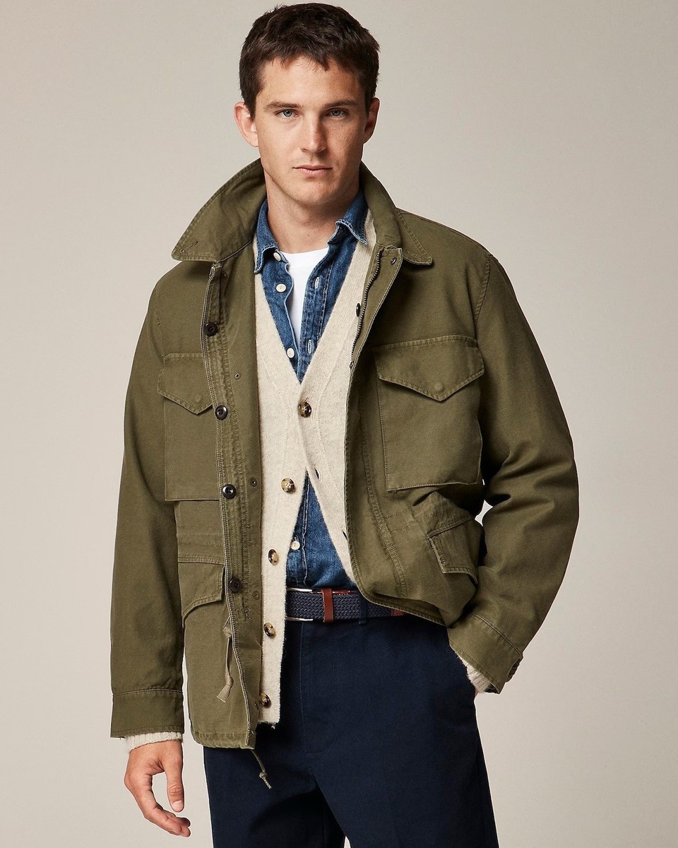 J.CREWミリタリーm51フィールドジャケットダブルジップリップストップ生地 J.Crew Garment Dyed Field Jacket Reverse Cotton Sateen Olive