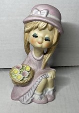 Vintage Girl With Flower Basket Piggy Bank Taiwan Kelvin’s Ceramic Retro 5.5"