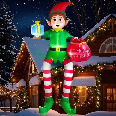 10FT Christmas Inflatable Outdoor Decoration, Sitting Elf Inflatable Christma...