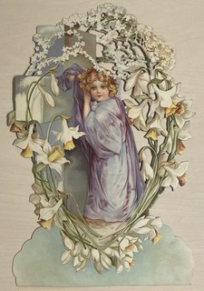 Oblaten Glanzbild scrap Ostern X XL 36 5cm Kind Kranz Blumen Narzissen Mädchen