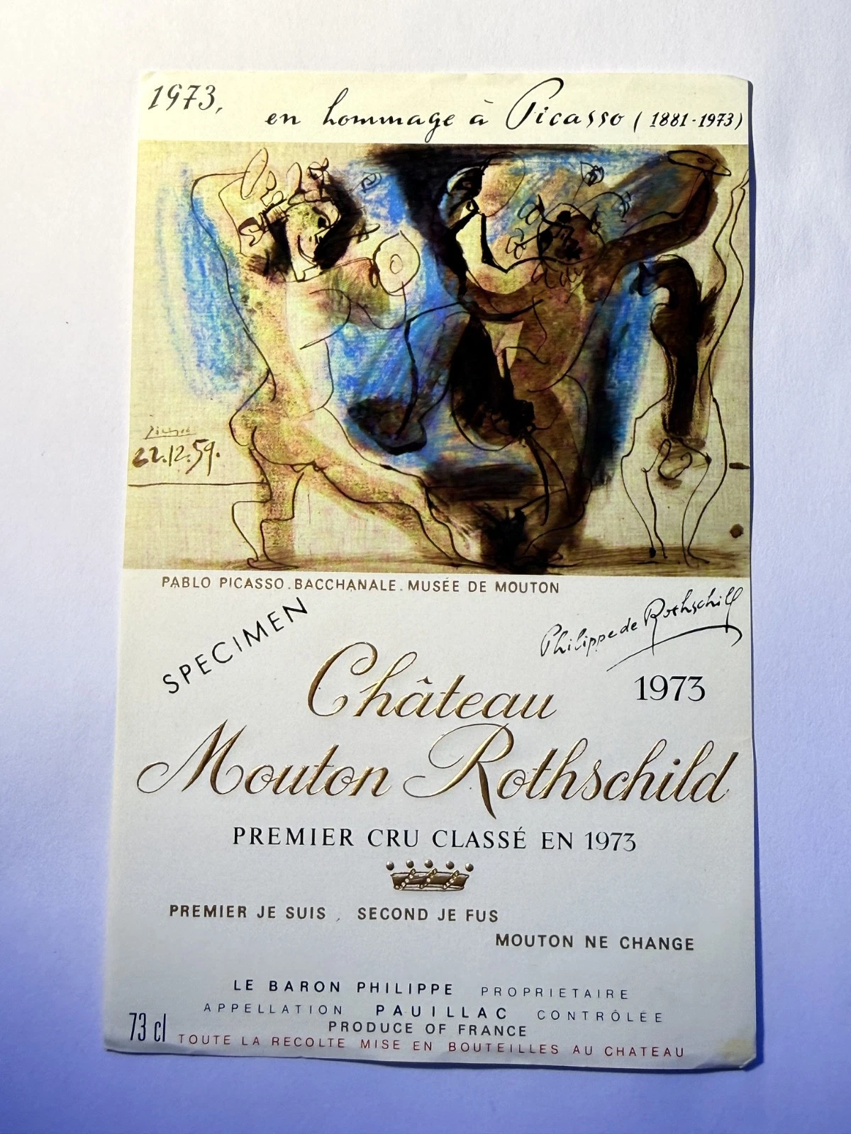 Étiquette De Vin Château Mouton Rotschild Spécimen 1973