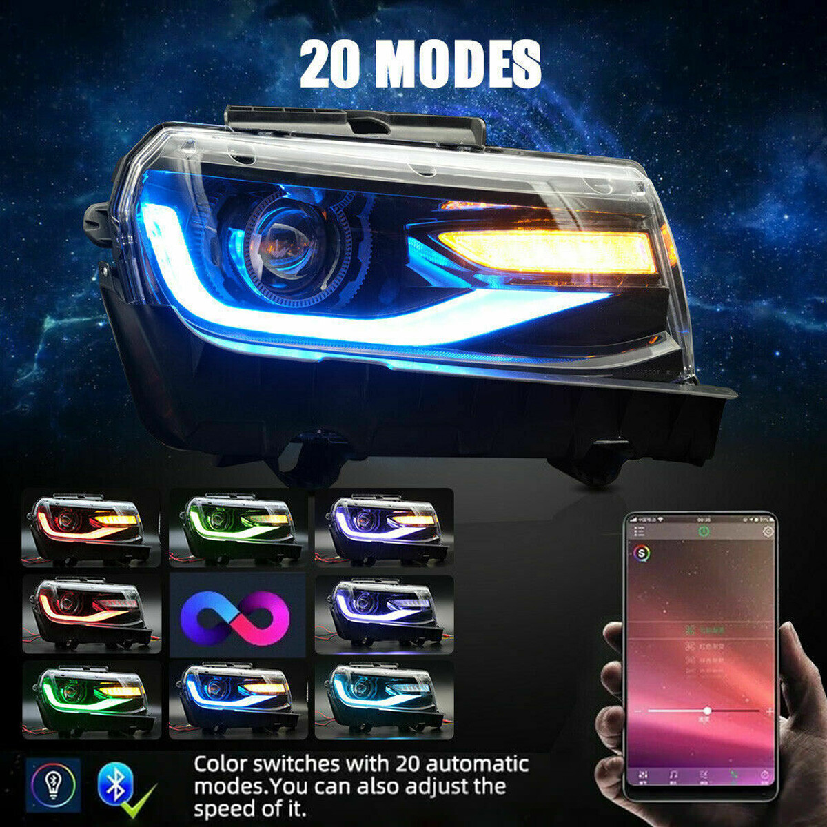 20 Modes RGB LED Projector Headlights For Chevy Camaro 2014 2015 w